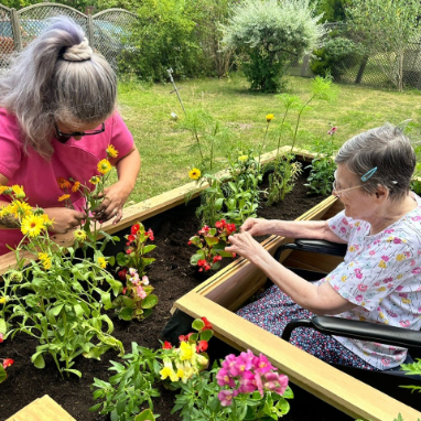 Resident and carer planting flowers in the garden
